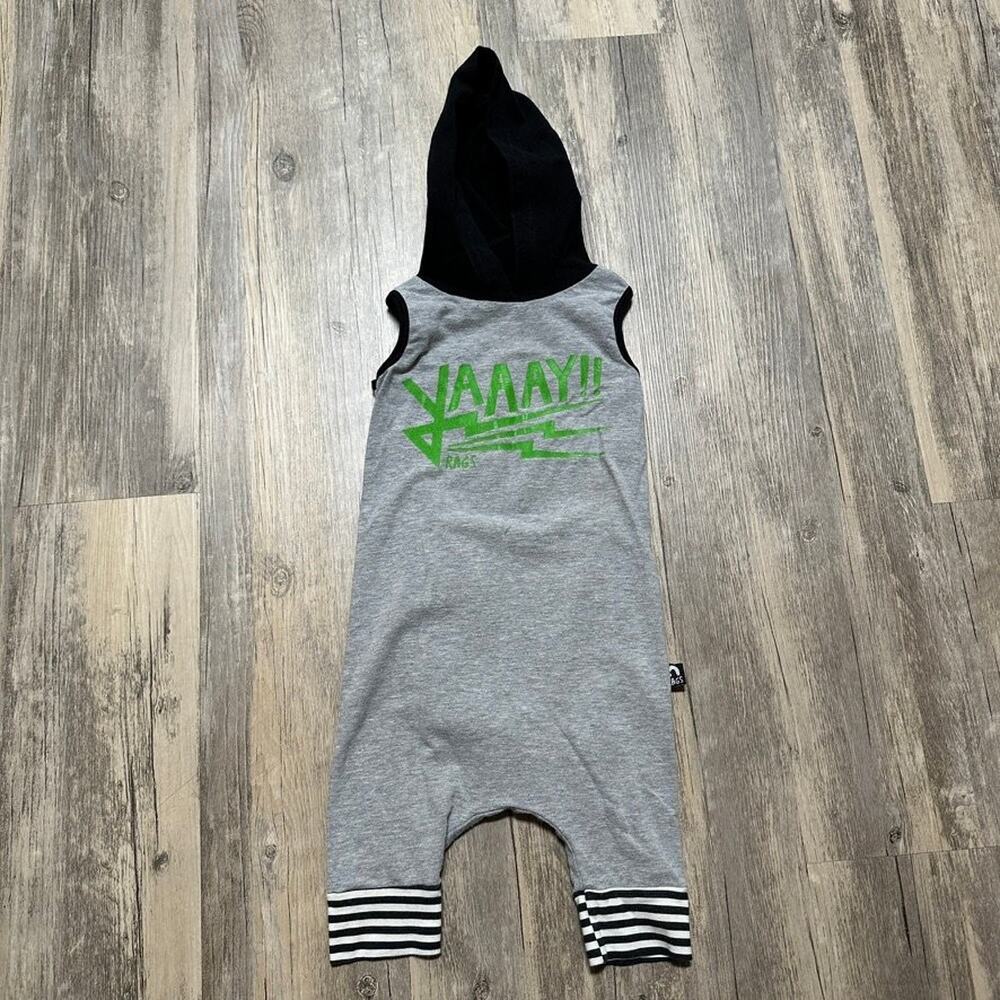RAGS Gray Black One-Piece Romper 18-24 MO. Sleeveless Hooded Cotton Lycra